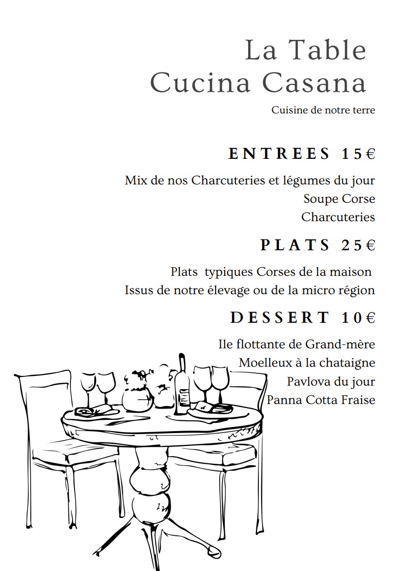 La carte de l'auberge Sole e Monti à Quenza